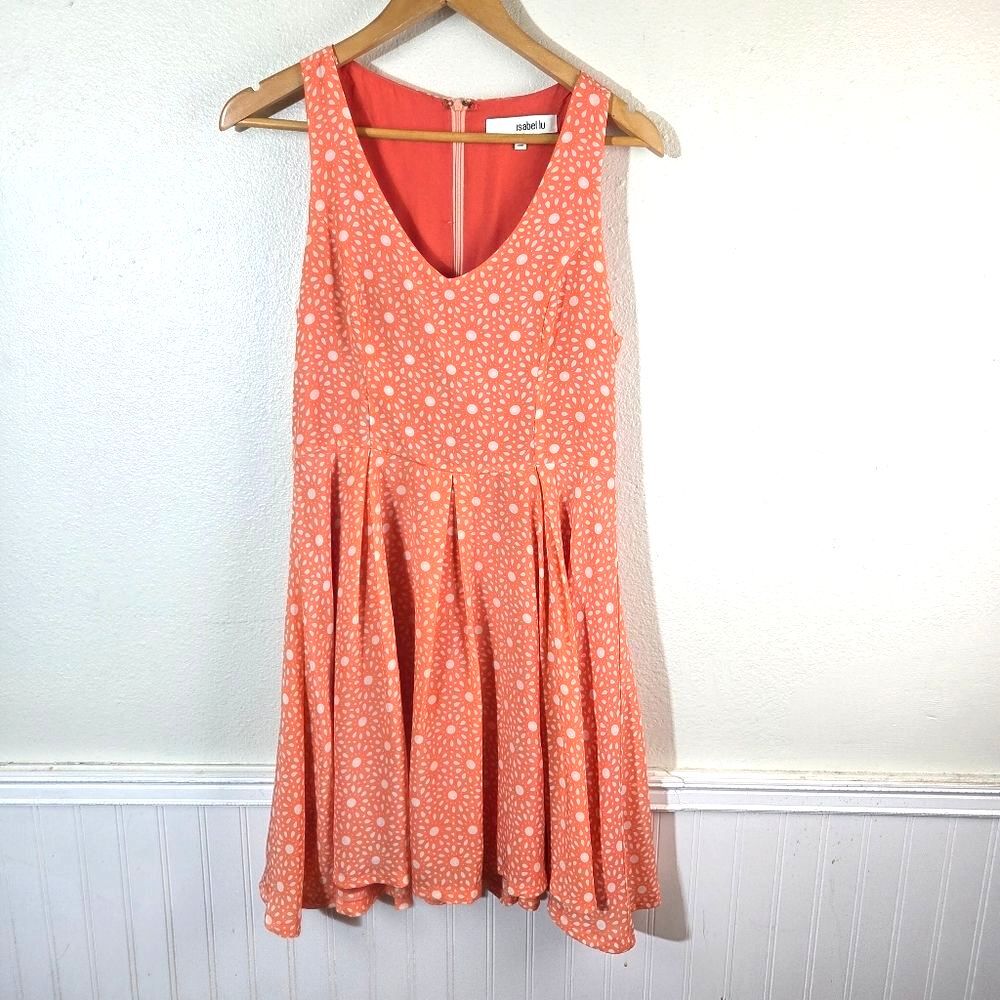 Isabel Lu Coral Fit Flare Dress M Polka Dot Sleeveless V Neck